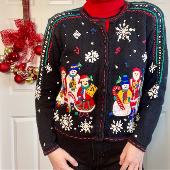 VTG Holiday Christmas Carolers Embroidered Black Sweater Cardigan Women's Sz M - Picture 2 of 9